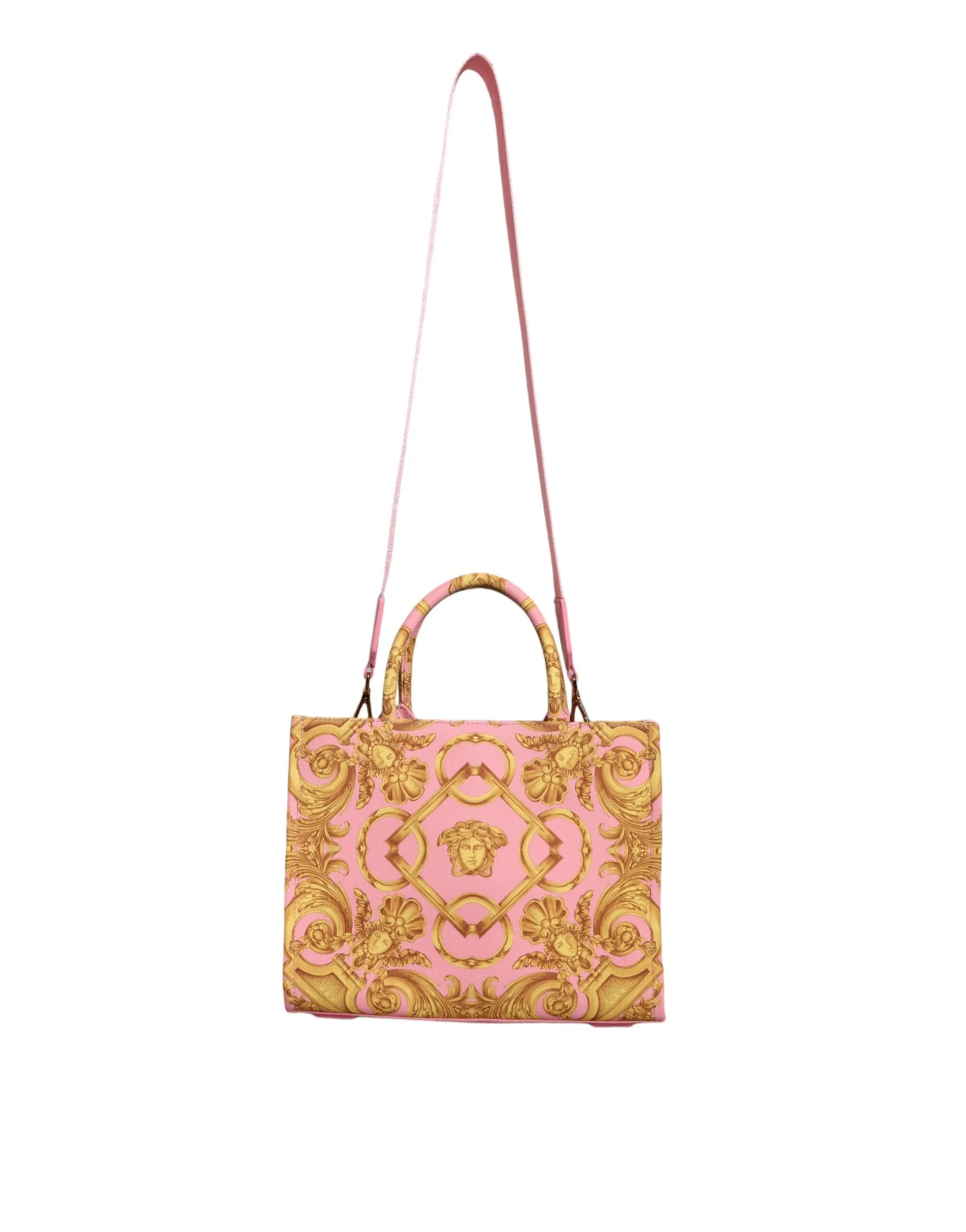 Pink Yellow Baroque Fabric Leather Shopping Tote Bag sold by Louxly product image thumbnail 2
