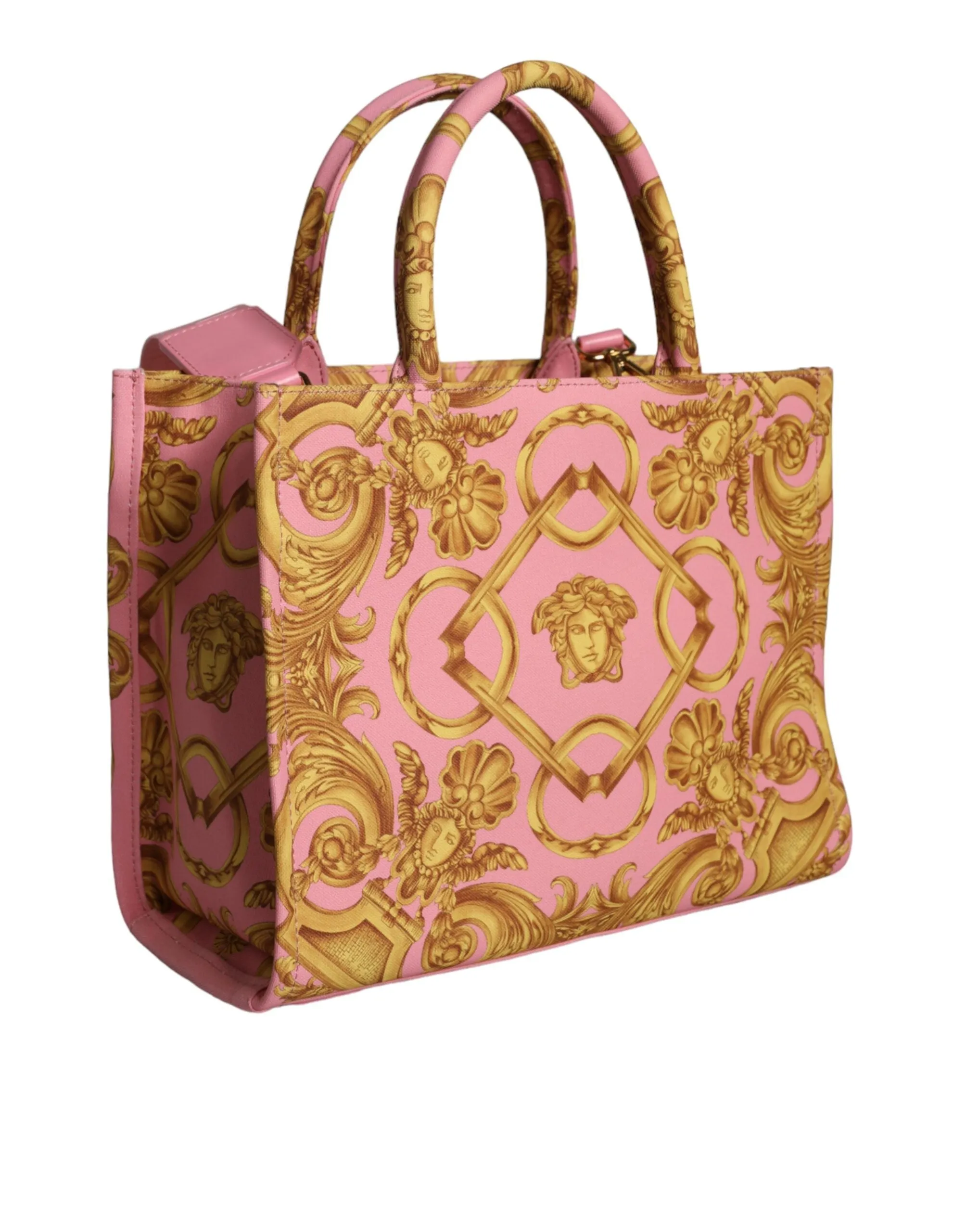 Pink Yellow Baroque Fabric Leather Shopping Tote Bag sold by Louxly product image thumbnail 3