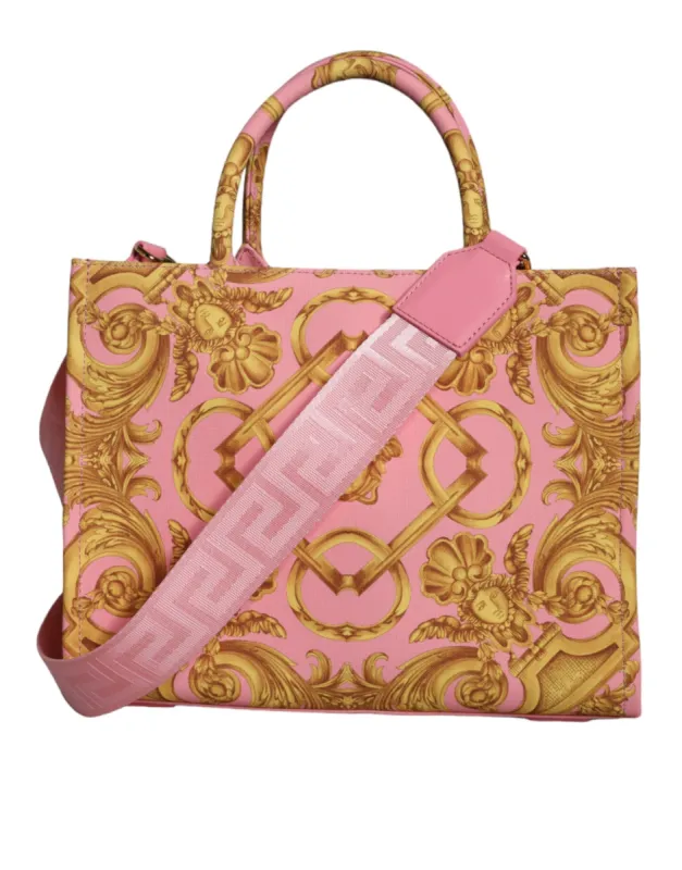 Pink Yellow Baroque Fabric Leather Shopping Tote Bag sold by Louxly