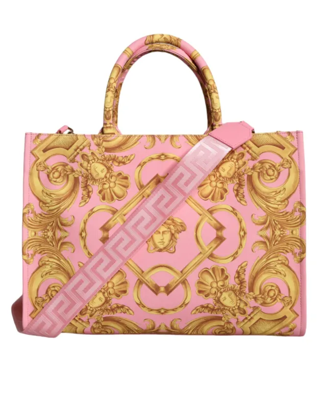 Pink Printed Large Fabric Leather Shopping Tote Bag sold by Louxly