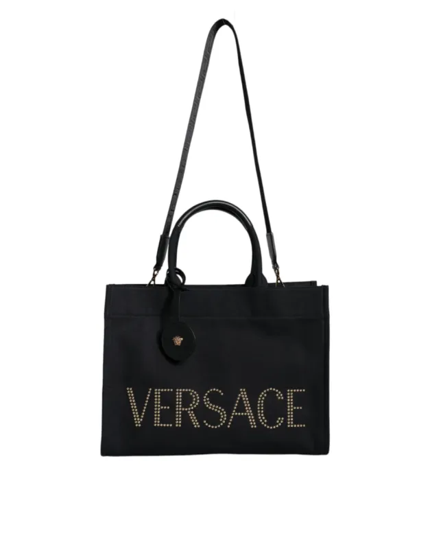Black Top Handle Canvas Leather Logo Crossbody Tote Bag sold by Louxly