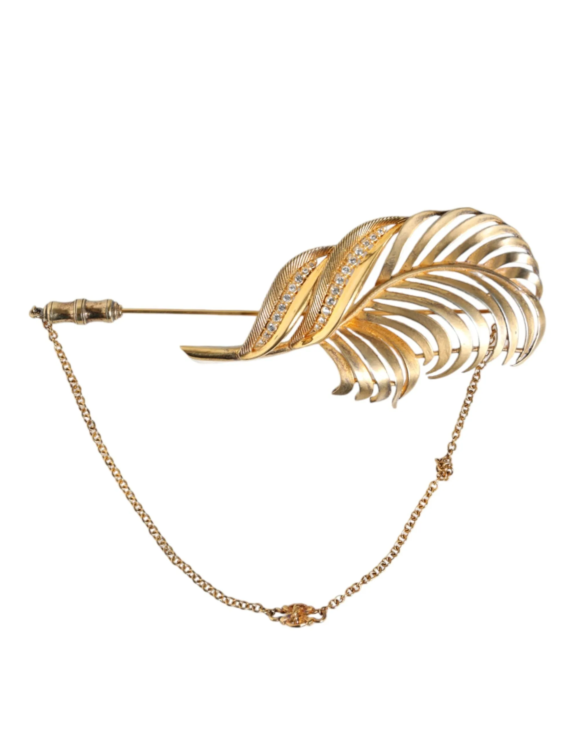 Gold Tone 925 Sterling Silver Leaf Crystal Chain Brooch sold by Louxly