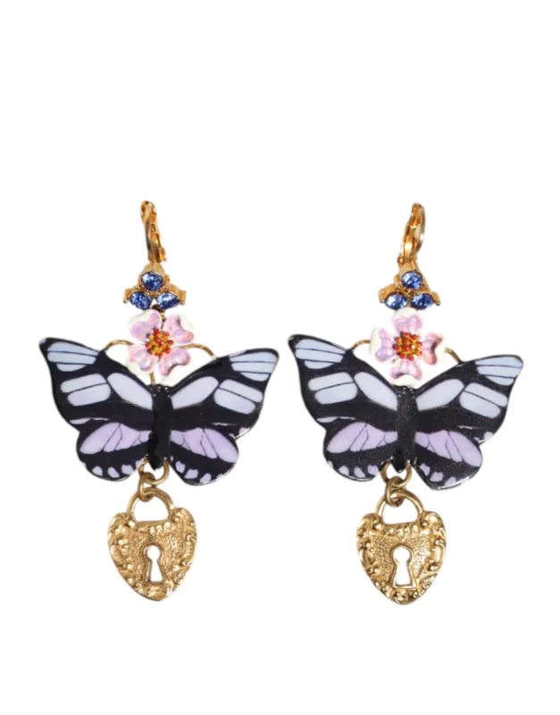 Gold Purple Crystal Butterfly Heart Locket Earrings sold by Louxly