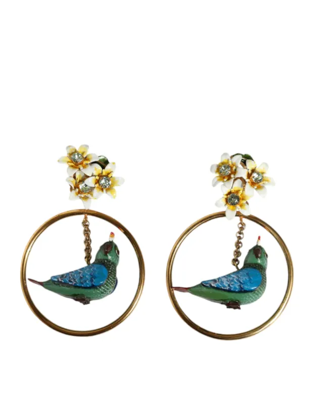 Gold Tone Brass Crystal Bird-in-Hoop Statement Earrings sold by Louxly