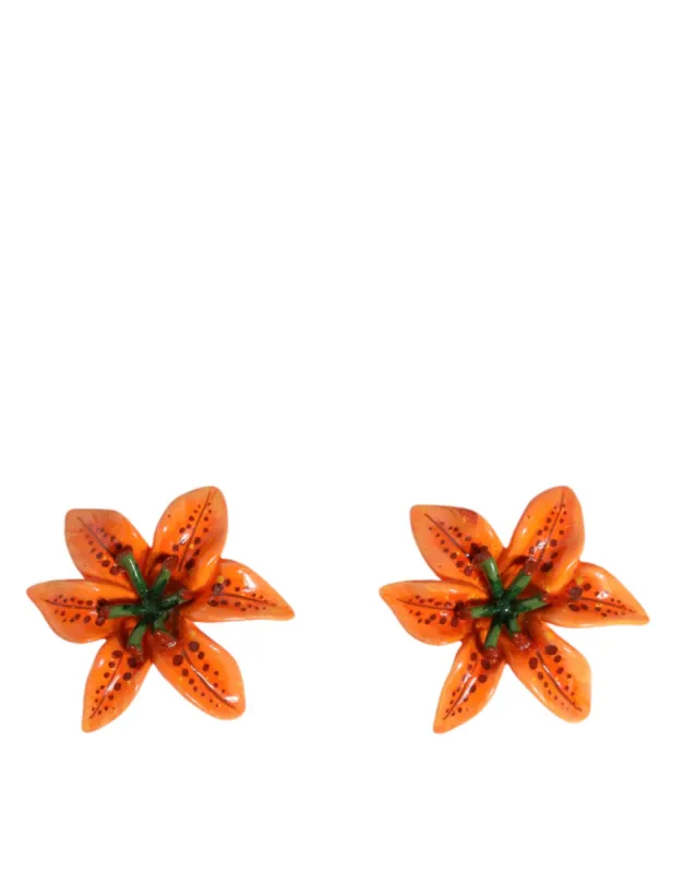 Orange Green Gold Brass Lily Flower Clip Floral Earrings sold by Louxly