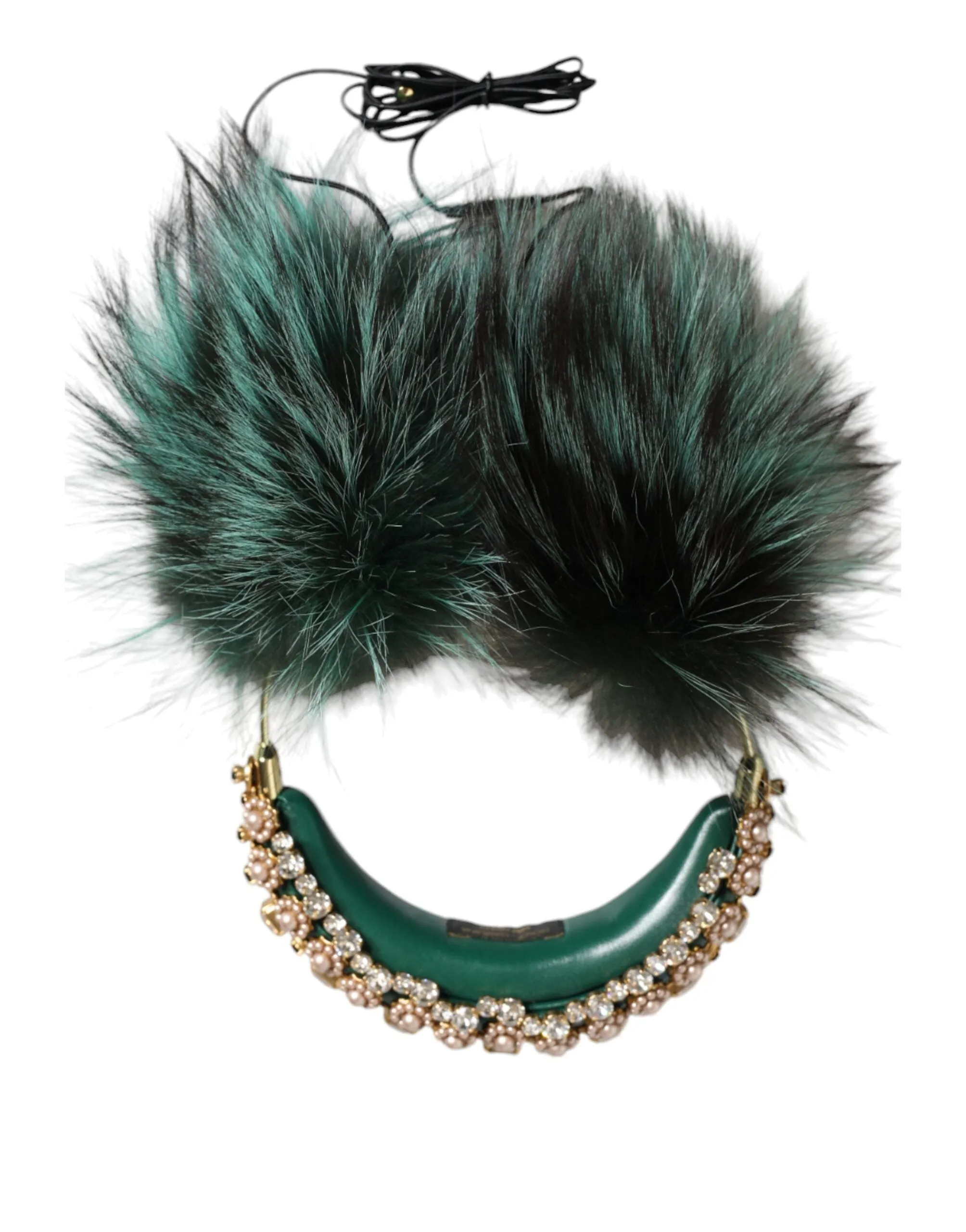 Green Gold Crystal Fur Headset Audio AUX Headphones sold by Louxly