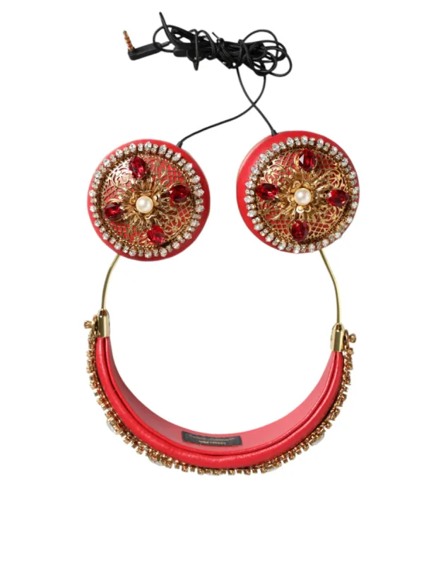 Red Nappa Leather Floral Crystal Headphone sold by Louxly