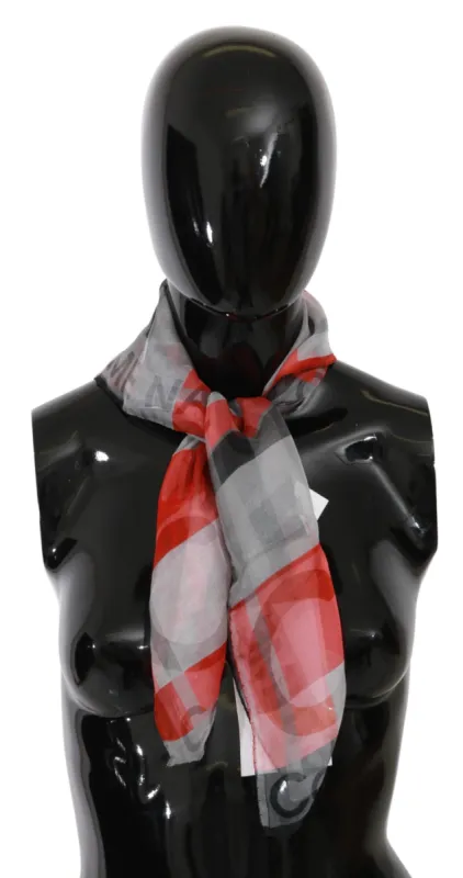 Gray Red 100% Silk Branded Scarf sold by Louxly
