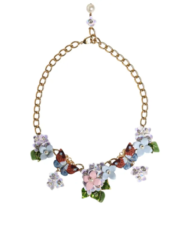 Multicolor Floral Decor Crystal Gold Brass Chain Necklace sold by Louxly