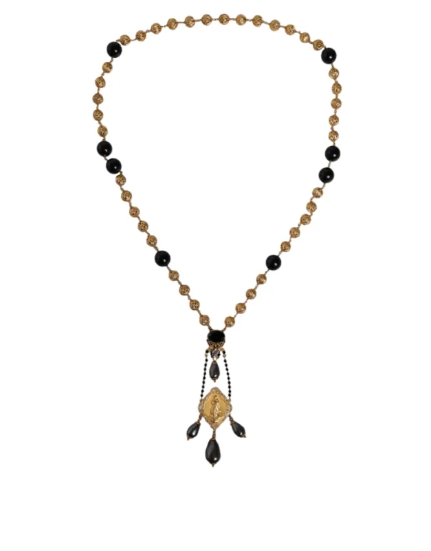 Gold Chain Brass Black Beaded Rosary Style Necklace sold by Louxly