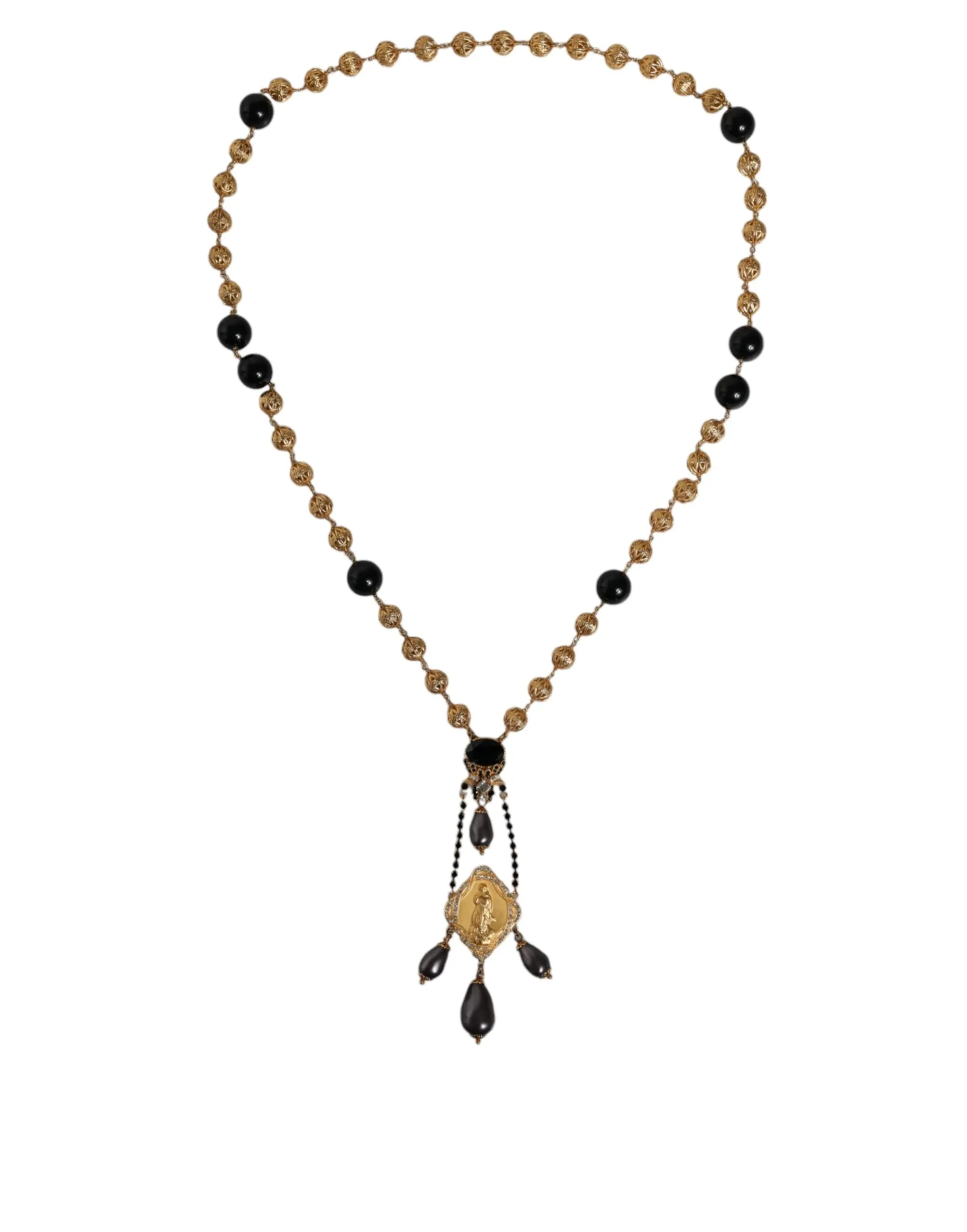 Gold Chain Brass Black Beaded Rosary Style Necklace sold by Louxly