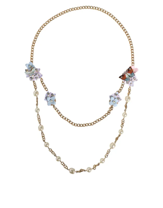 Gold Chain Brass Floral Layered Crystal Pearl Necklace made by Louxly
