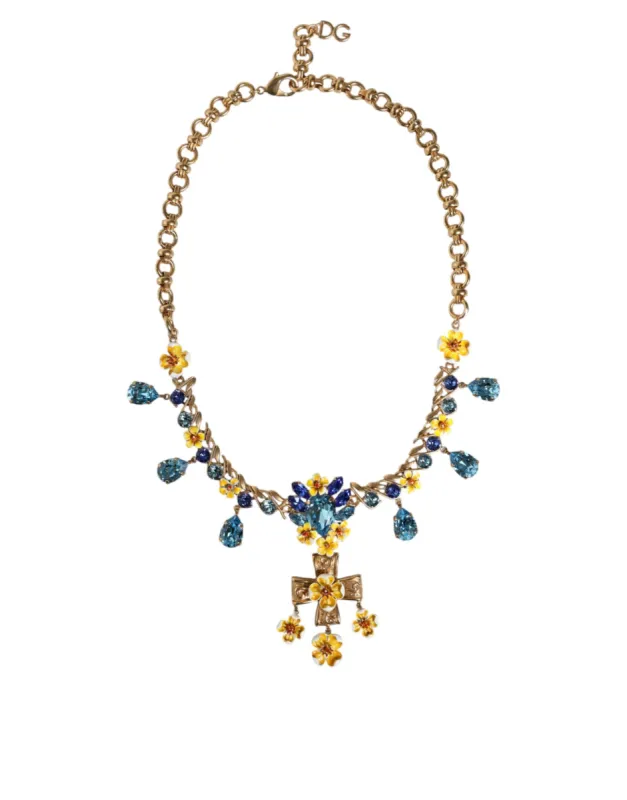 Gold Brass Chain Floral Crystal Cross Pendant Necklace sold by Louxly