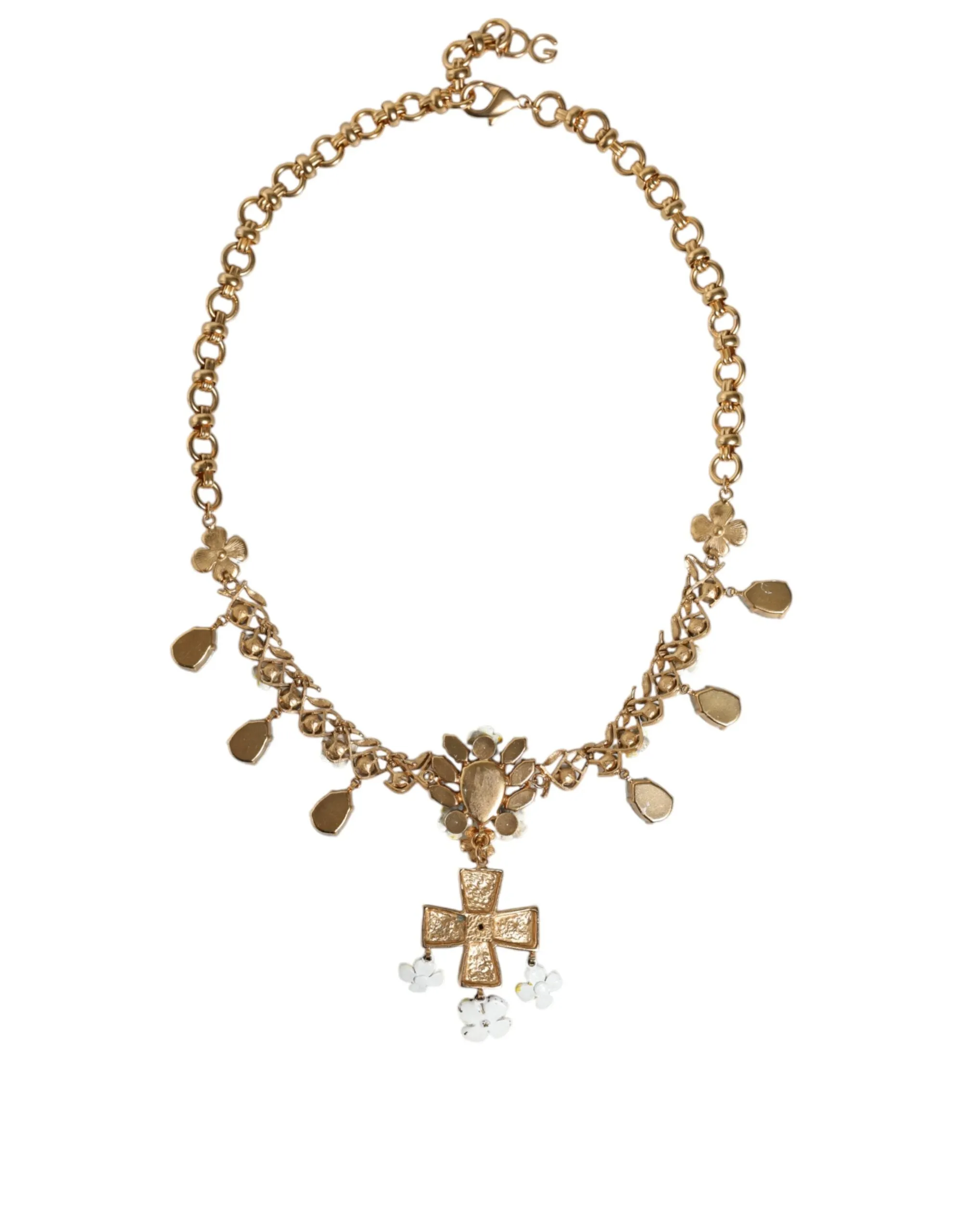 Gold Brass Chain Floral Crystal Cross Pendant Necklace sold by Louxly product image thumbnail 5