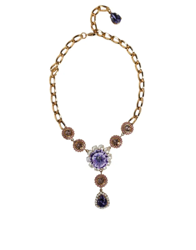 Gold Brass Crystal Purple Pink Pearl Pendants Necklace sold by Louxly