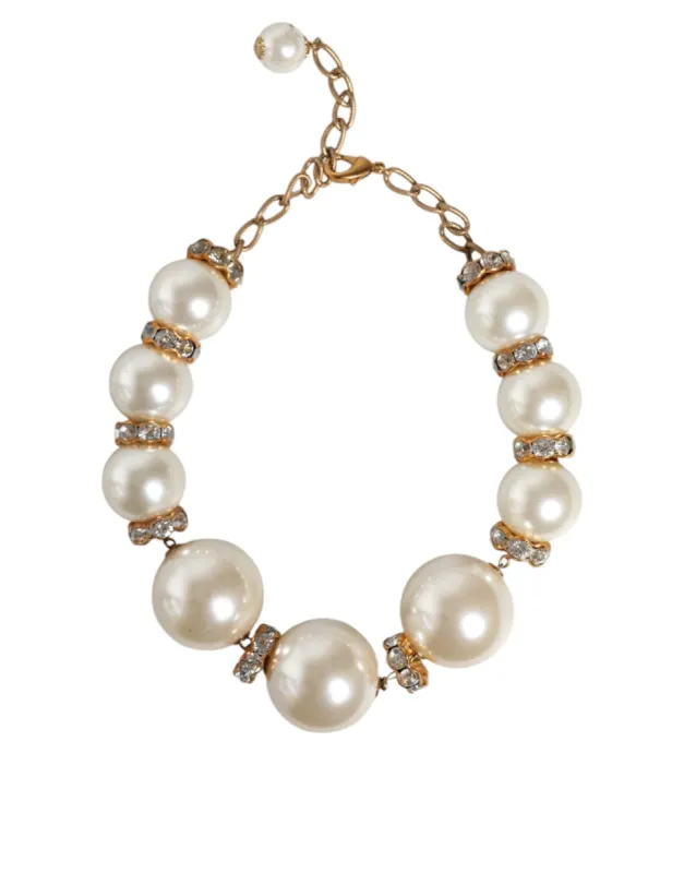 White Maxi Faux Pearl Beads Crystals Gold Chain Necklace sold by Louxly