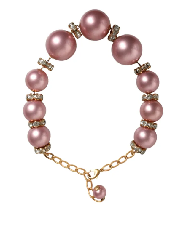 Pink Maxi Faux Pearl Beads Crystals Gold Chain Necklace sold by Louxly