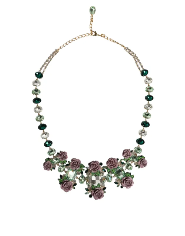 Gold Brass Link Chain Rose Petal Crystal Embellished Necklace sold by Louxly