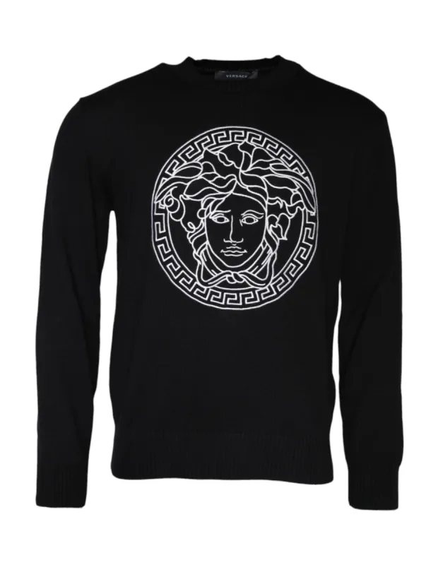 Black Medusa Embroidery Crew Neck Pullover Sweater made by Versace