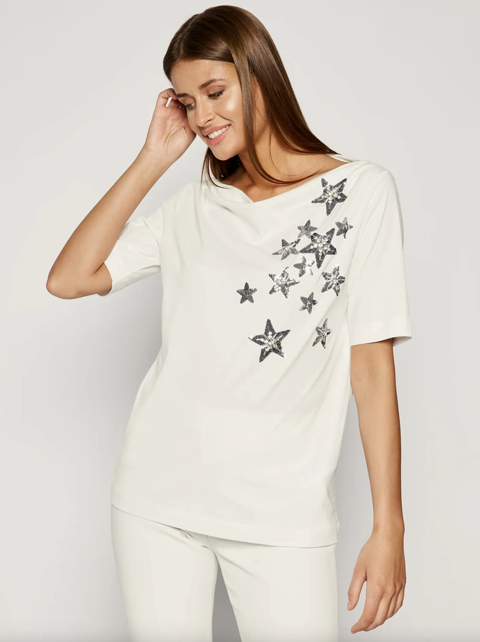 Elegant White Cotton Tee with Rhinestone Accents sold by Louxly product image thumbnail 2