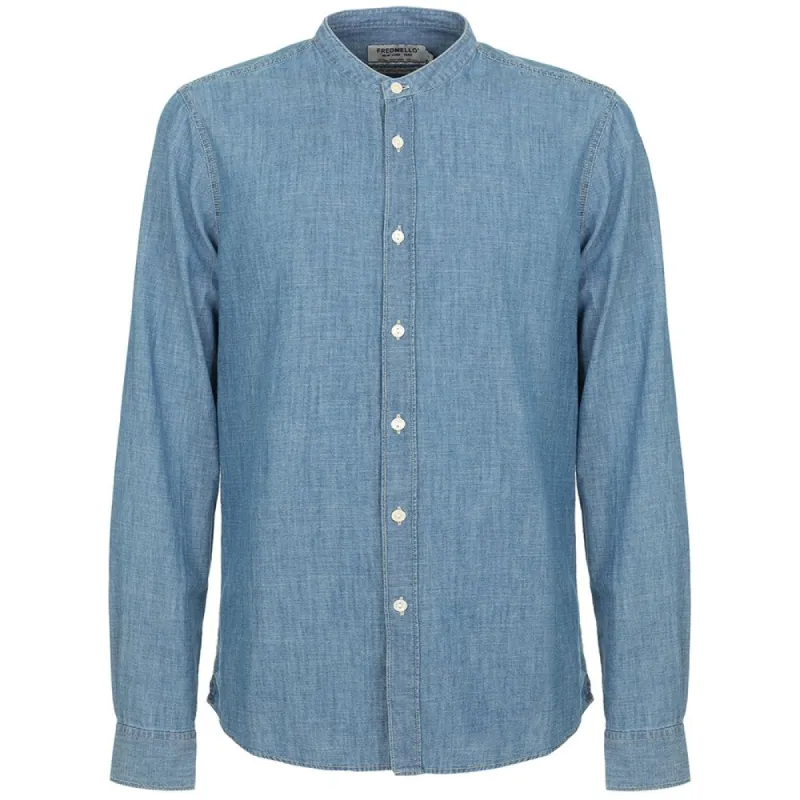 Mandarin Collar Blue Linen-Cotton Shirt sold by Louxly