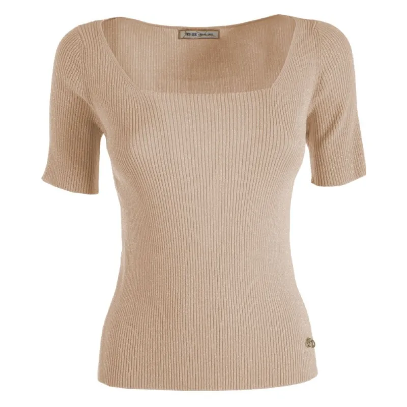 Chic Beige Rib-knit Short Sleeve Top sold by Louxly