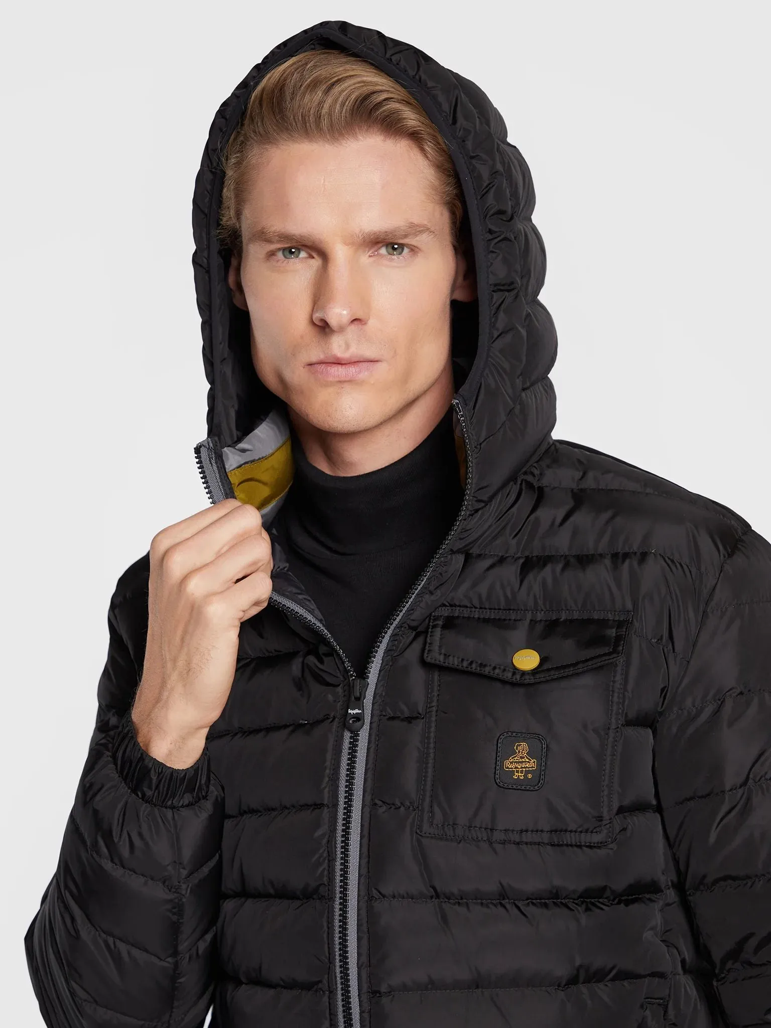 Elegant Black Hooded Down Jacket with Chic Olive Accent sold by Louxly product image thumbnail 3