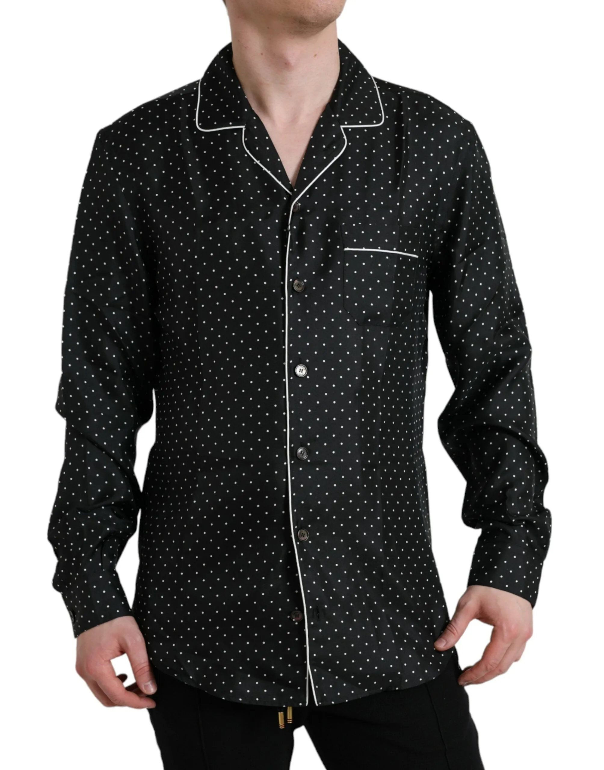 Black Polka Dot Silk Long Sleeve Shirt sold by Louxly