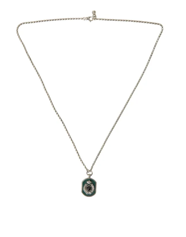 Silver Tone Brass Chain Tag Bead Crown Pendant Necklace sold by Louxly