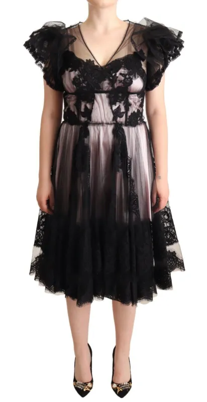 Chic Black Floral Lace Midi Dress made by Louxly