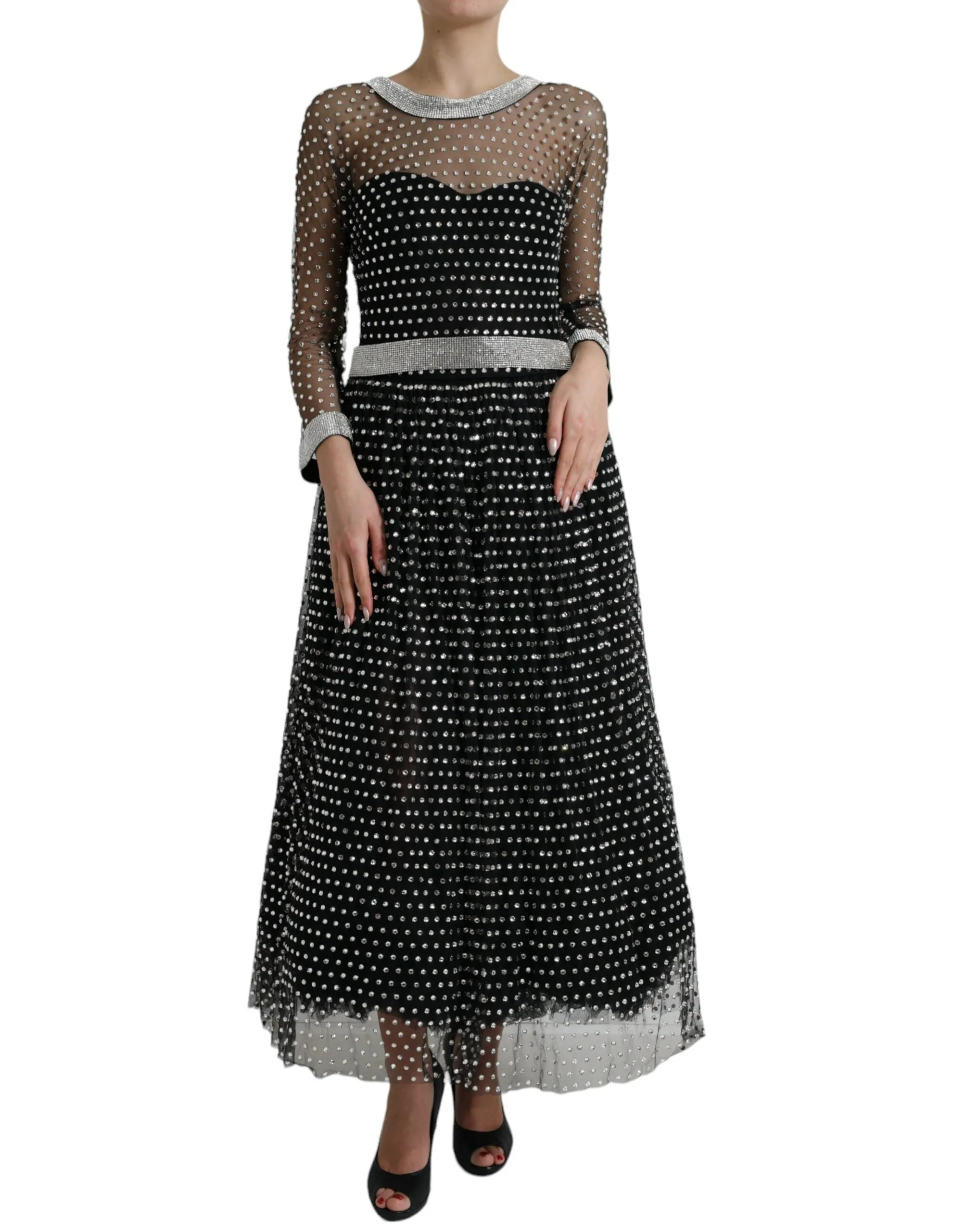 Elegant Crystal-Embellished Long Black Dress sold by Louxly
