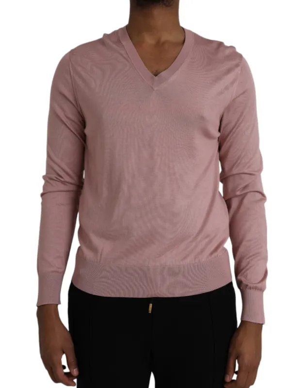 Pink Silk V-neck Long Sleeve Pullover Sweater sold by Louxly