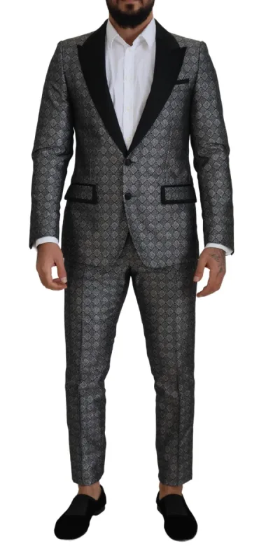 Elegant Silver Patterned Slim Fit Suit sold by Louxly