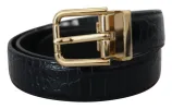 Black Exotic Leather Gold Metal Buckle Belt sold by Louxly