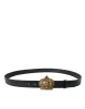 Black Leather Gold Crown Metal Buckle Belt sold by Louxly
