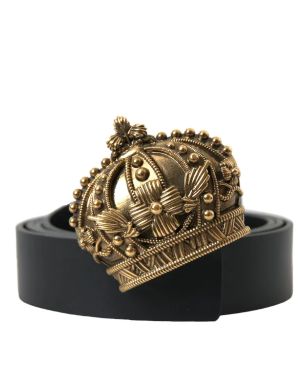 Black Leather Gold Crown Metal Buckle Belt sold by Louxly