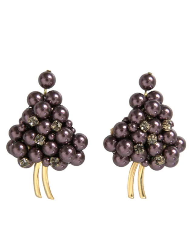 Purple Grape Pearl Sicily Gold Brass Floral Clip On Earrings sold by Louxly