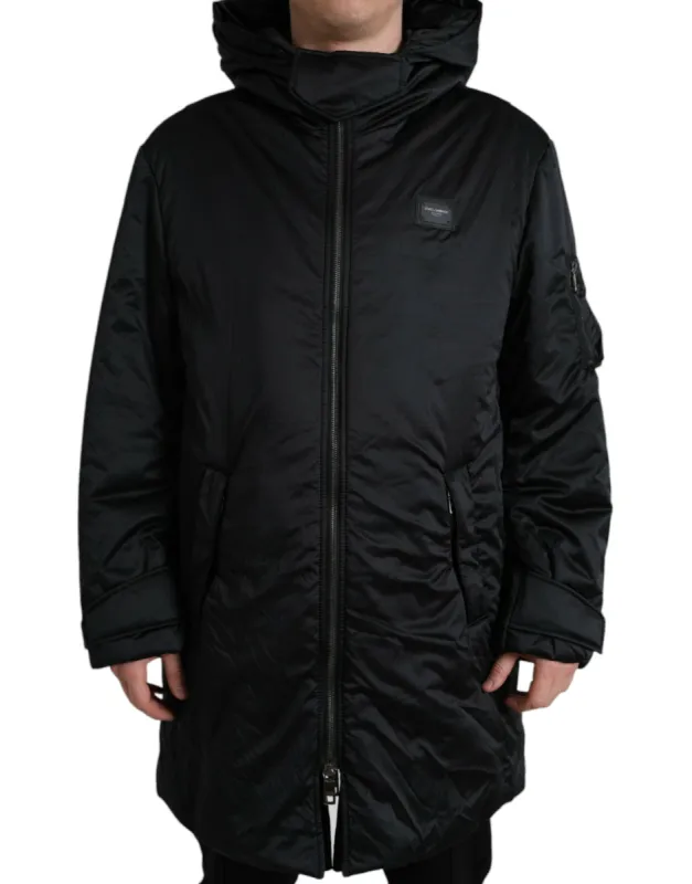 Elegant Black Hooded Parka Jacket sold by Louxly
