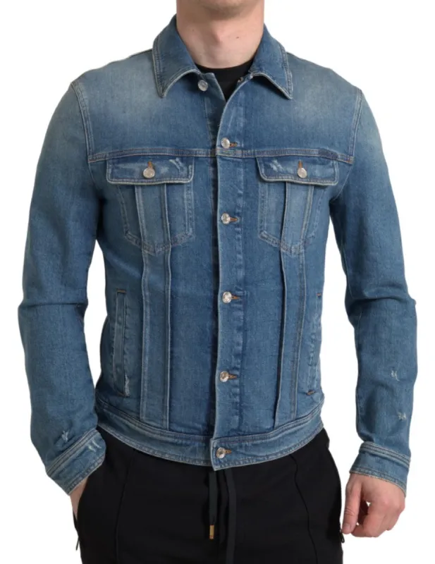 Elegant Blue Denim Stretch Jacket sold by Louxly