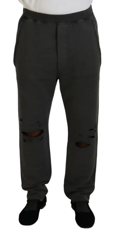 Dark Gray Cotton Men Casual Tattered Pants sold by Louxly