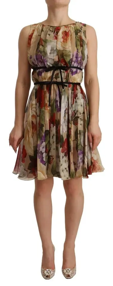 Beige Floral Sleeveless Round Neck Mini Dress sold by Louxly