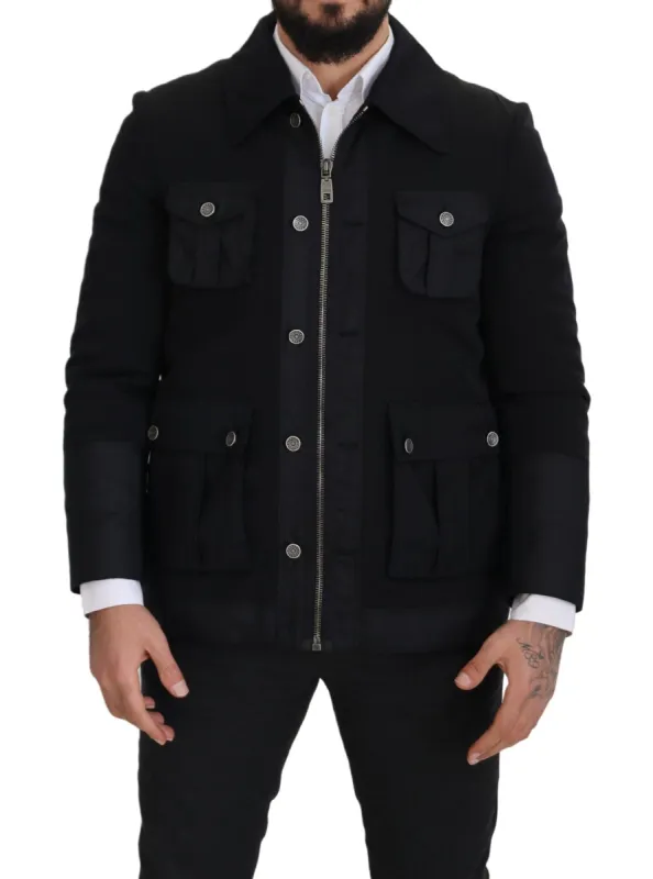 Elegant Full Zip Black Wool Blend Jacket sold by Louxly