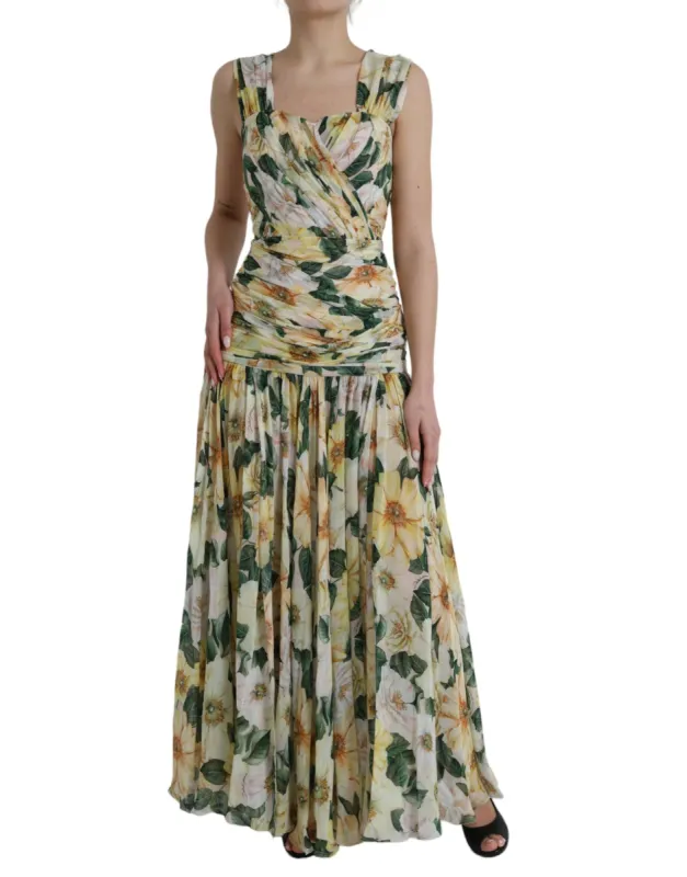 Yellow Floral Print Silk Pleated Maxi Dress sold by Louxly