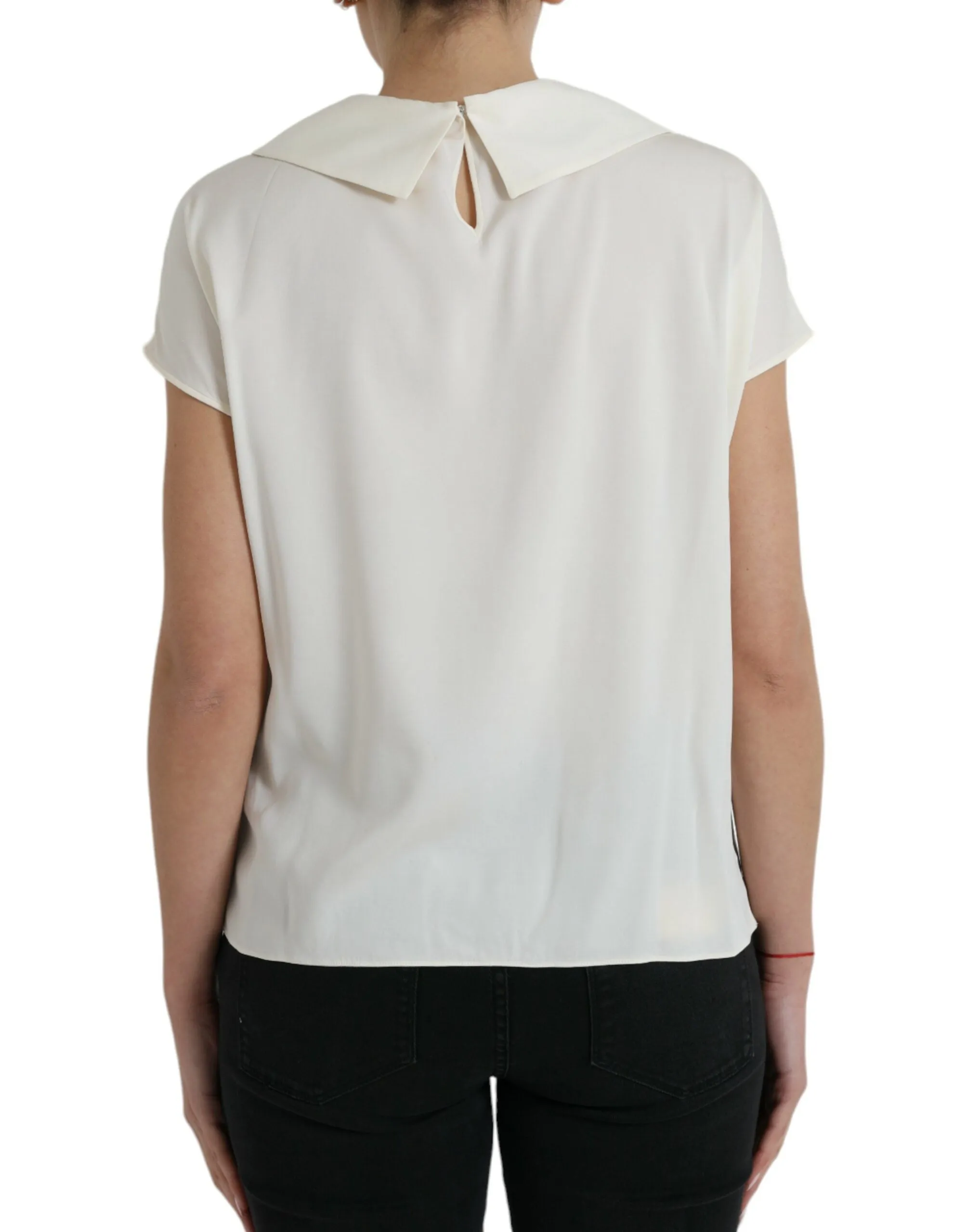 Elegant Off-White Lace-Trim Silk Blouse sold by Louxly product image thumbnail 3