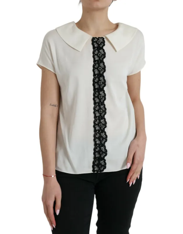Elegant Off-White Lace-Trim Silk Blouse sold by Louxly