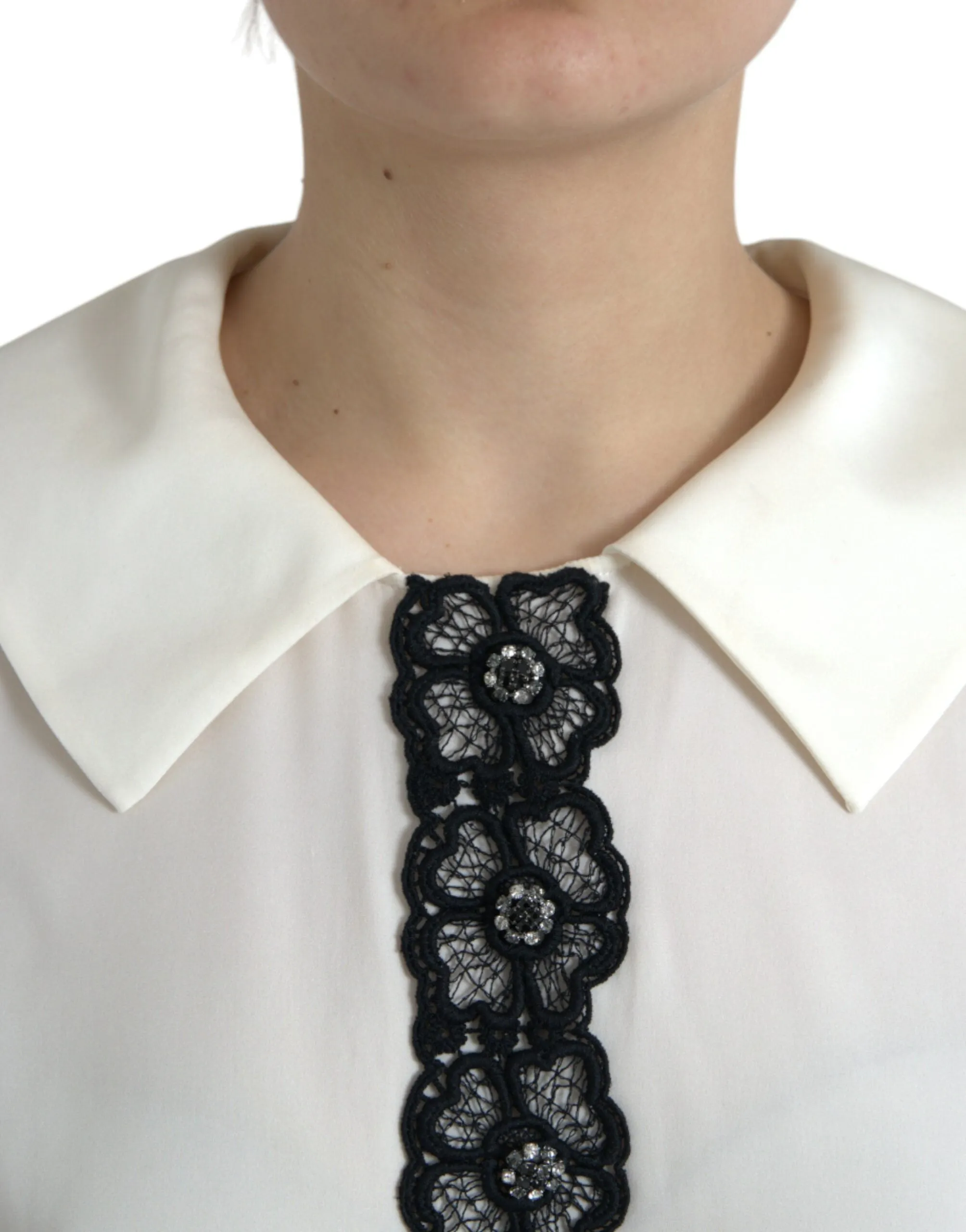 Elegant Off-White Lace-Trim Silk Blouse sold by Louxly product image thumbnail 4