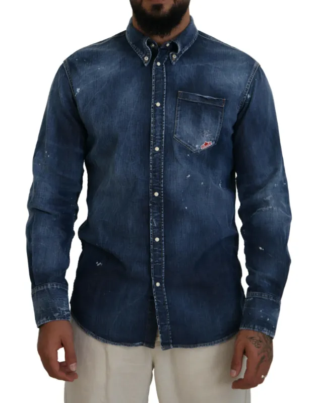 Blue Washed Collared Men Casual Long Sleeves Shirt sold by Louxly