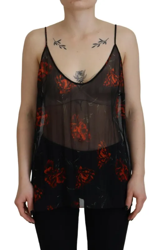 Black Floral Print Spaghetti Strap Tank Blouse Top sold by Louxly