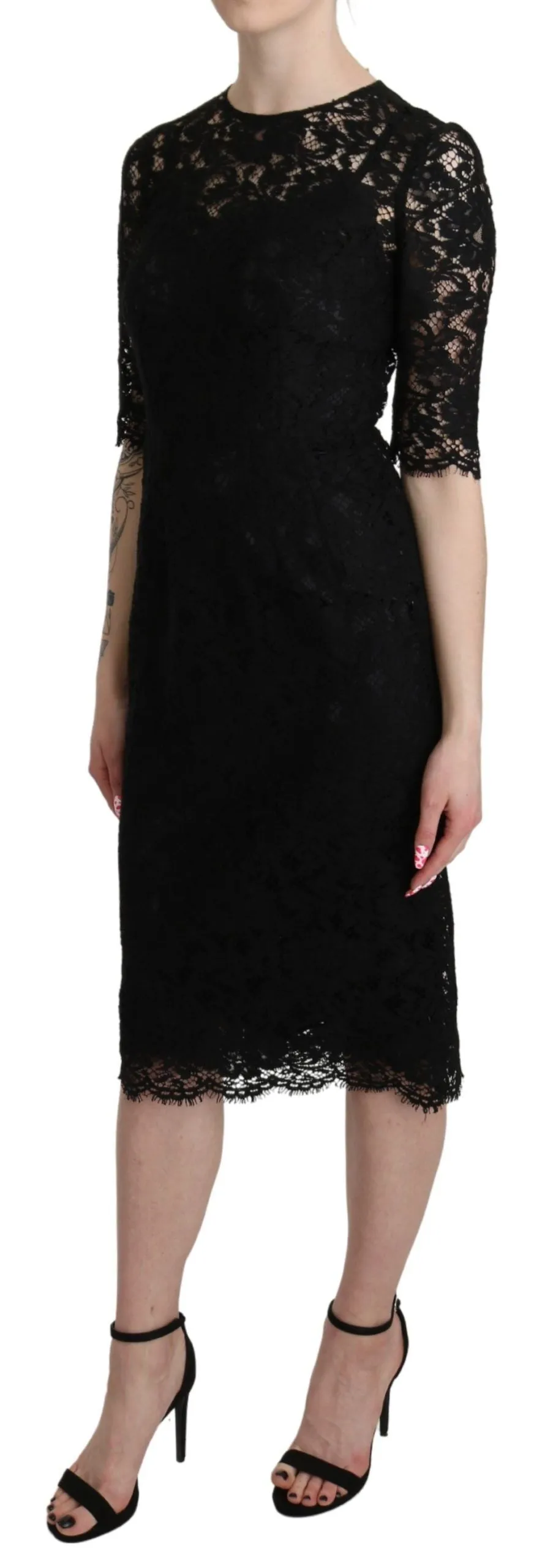 Elegant Black Lace Sheath Knee-Length Dress sold by Louxly product image thumbnail 4