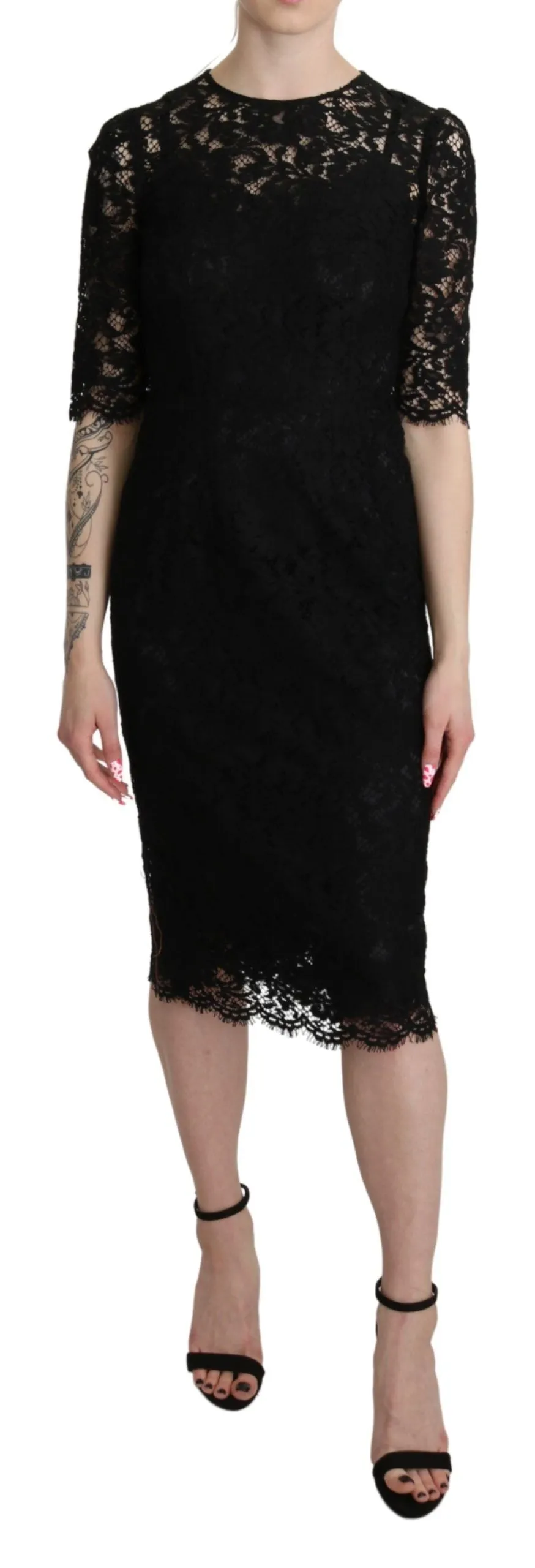 Elegant Black Lace Sheath Knee-Length Dress sold by Louxly